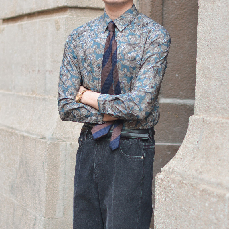 Men's Floral Square Neck Slim Fit Shirt