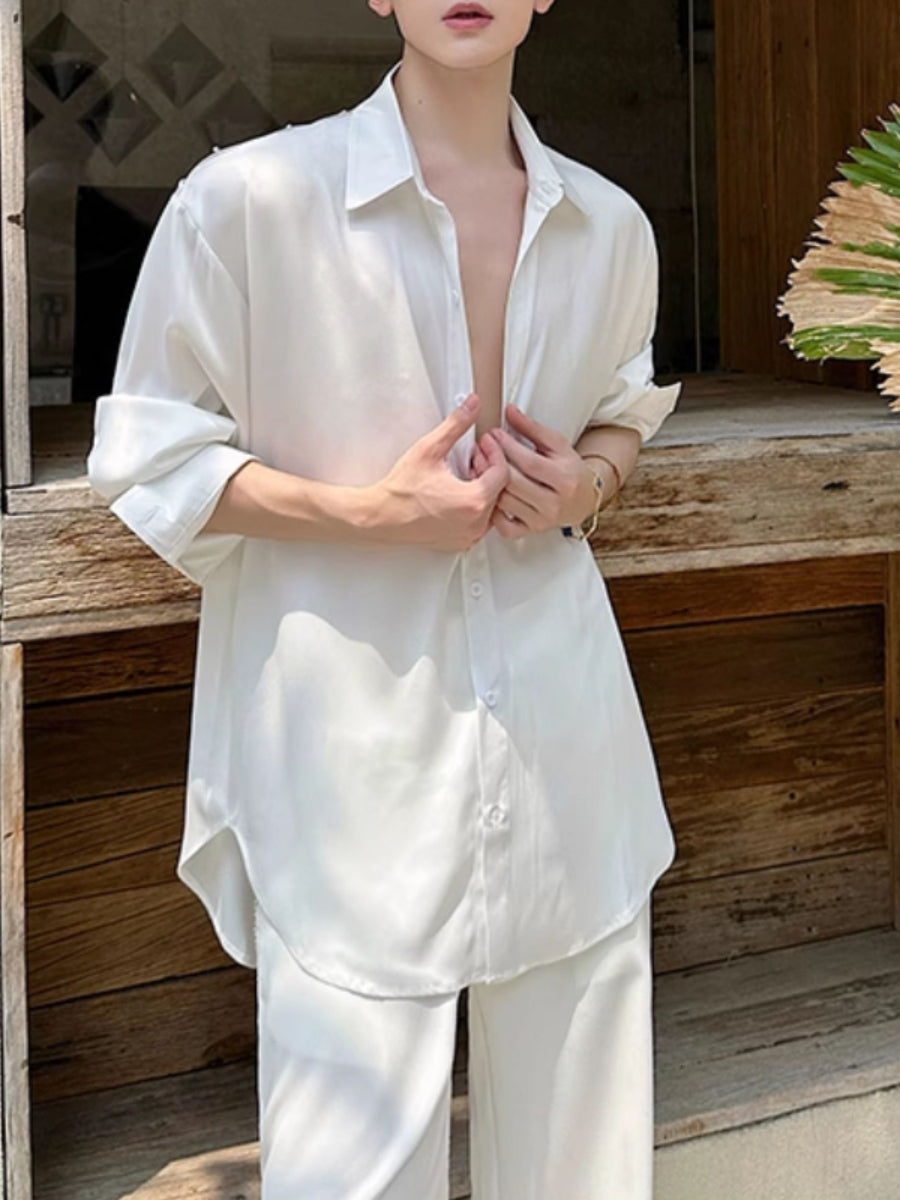 Mesh Beaded Satin Drape Shirt