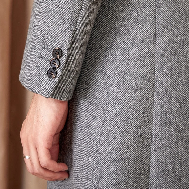 Mid-Length Double-Breasted Wool Blend Herringbone Coat