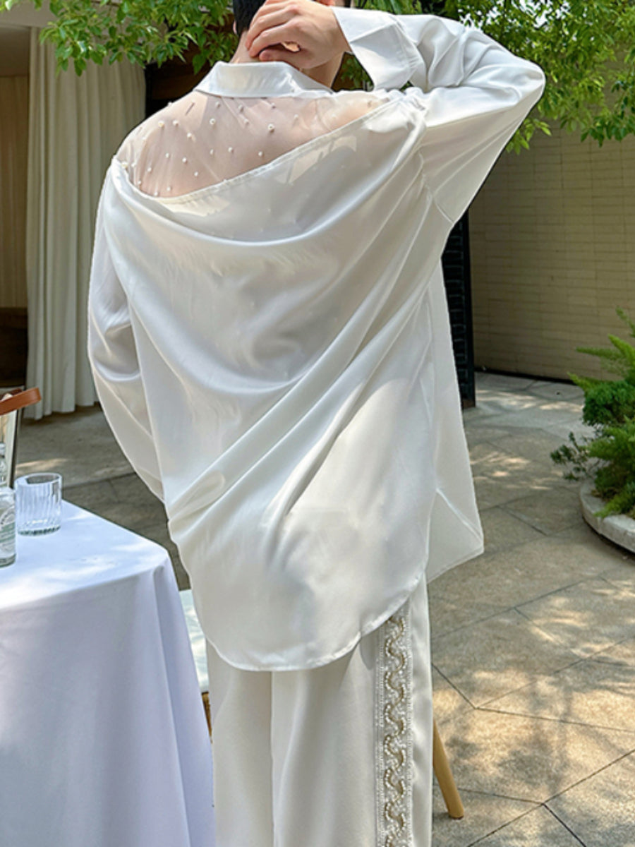 Mesh Beaded Satin Drape Shirt