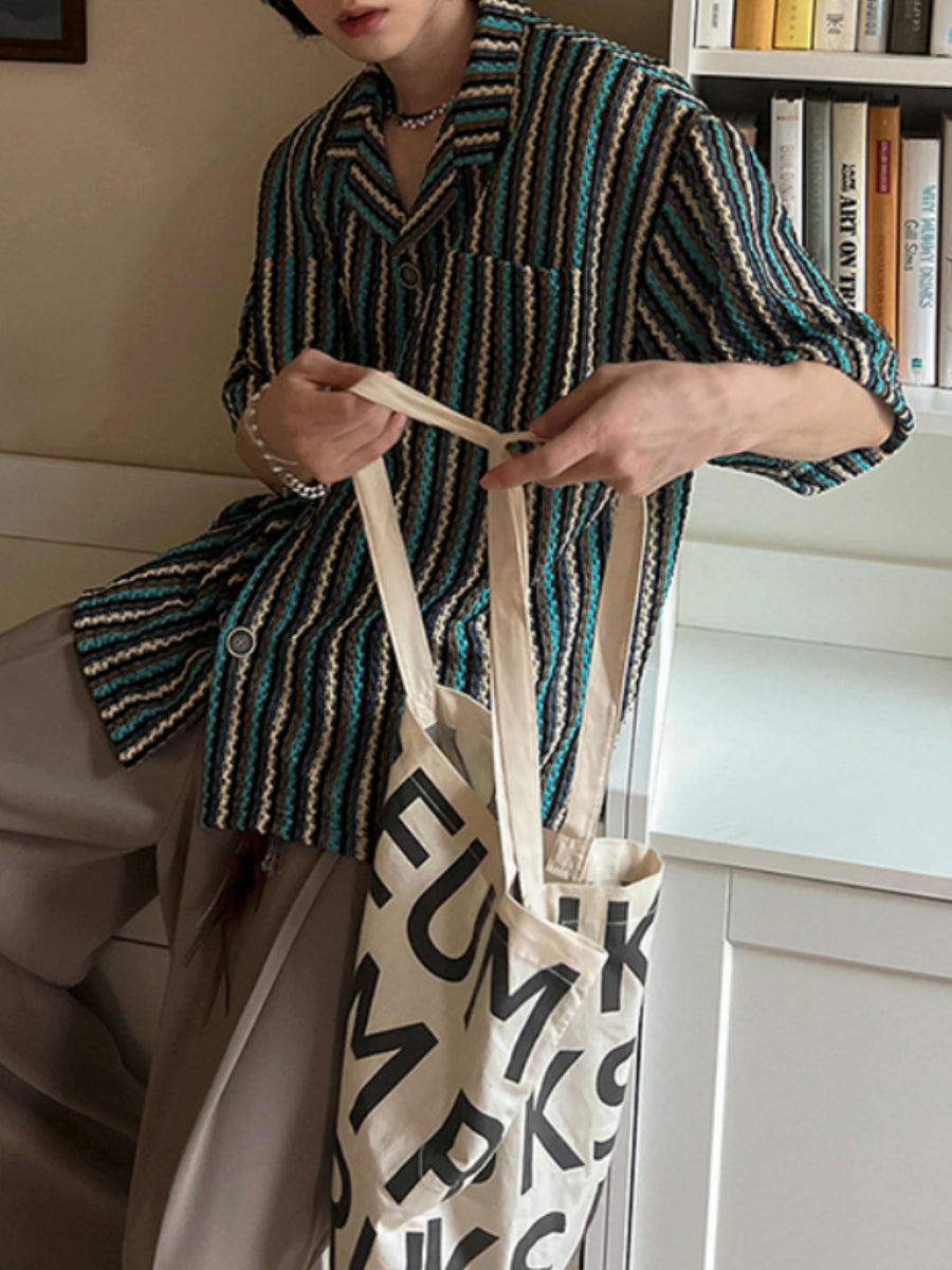 Striped Loose Casual Cuban Collar Shirt