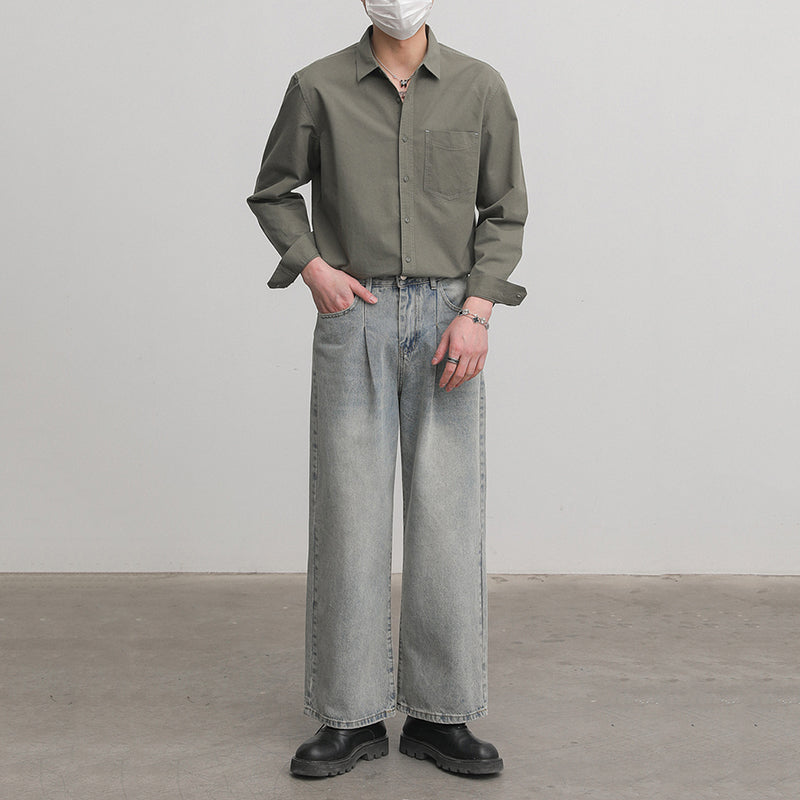Solid Color Pointed Collar Casual Cotton Shirt