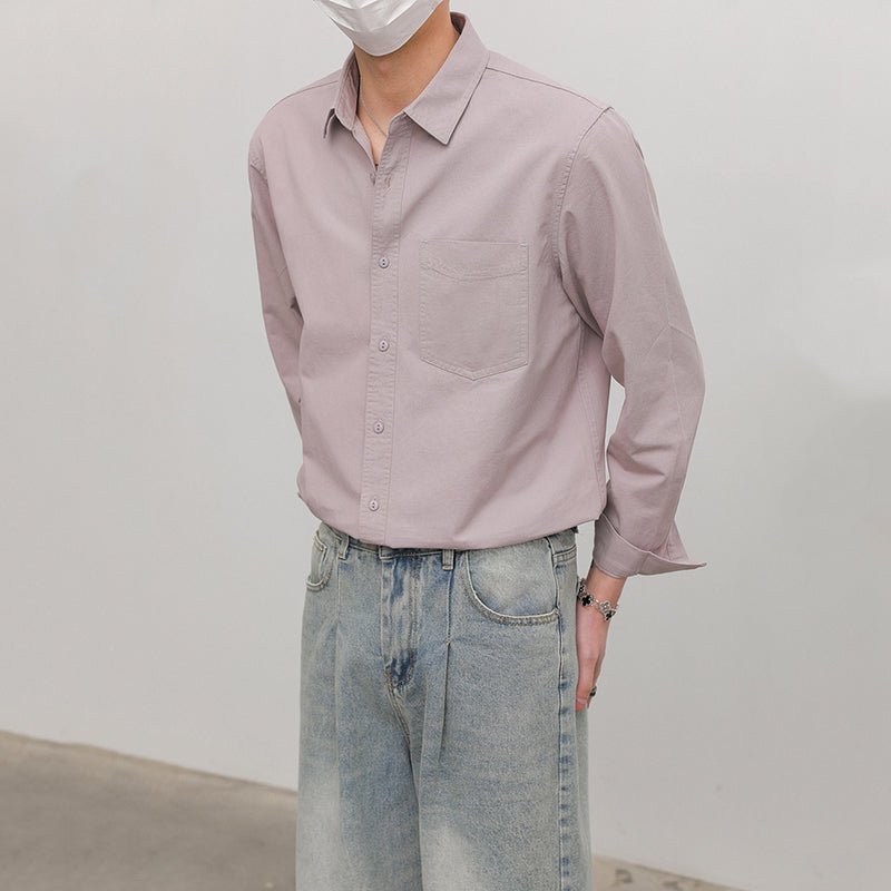 Solid Color Pointed Collar Casual Cotton Shirt