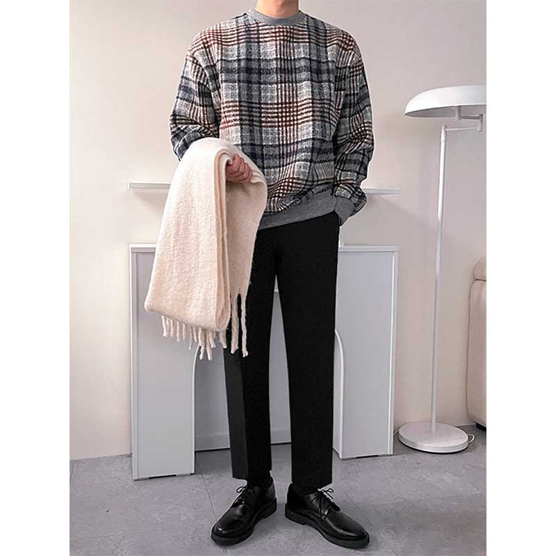 Men's Color Block Plaid Loose Round Neck Long Sleeve Retro Sweatshirt