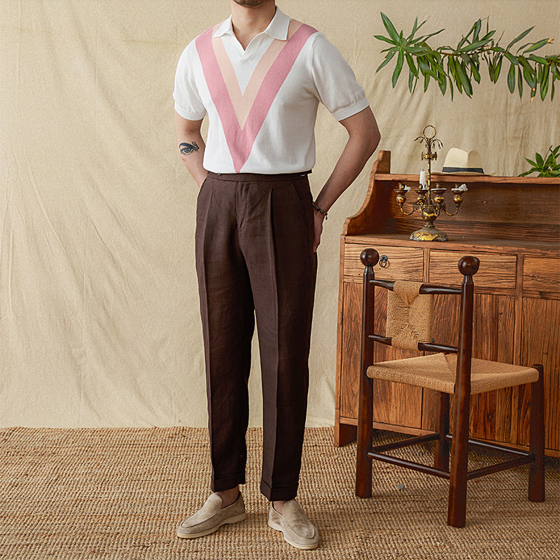V-neck Casual Color-Block Knitted Shirt