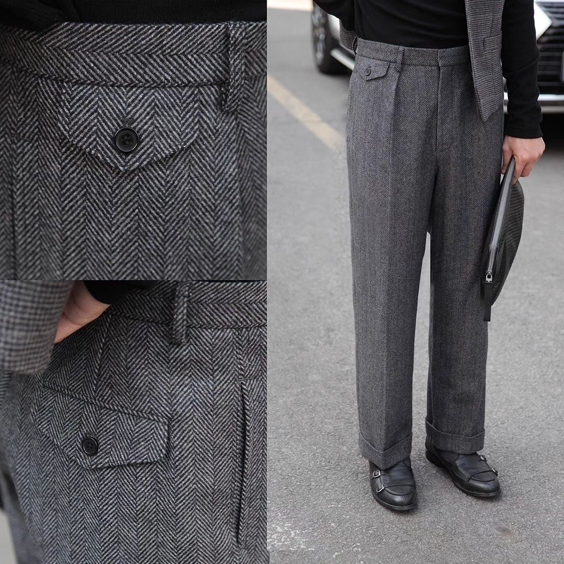 Herringbone Wool Loose Wide-leg Suit Trousers