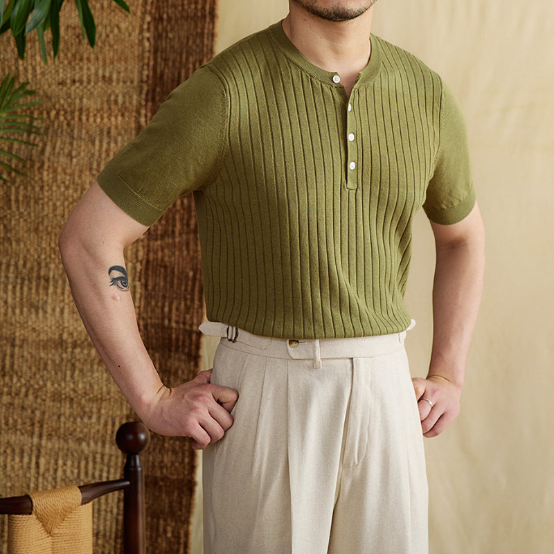 Striped Button Short-Sleeved T-shirt