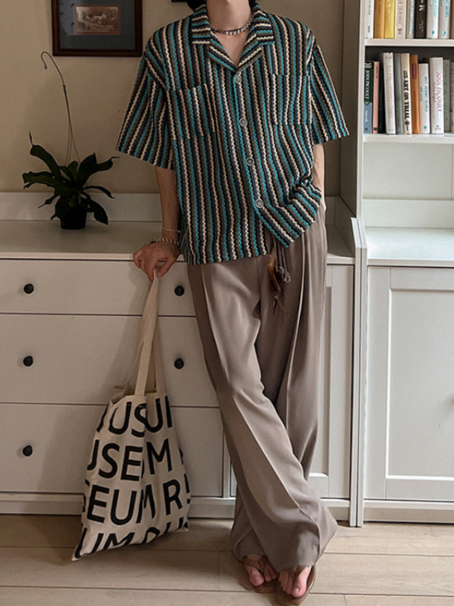 Striped Loose Casual Cuban Collar Shirt