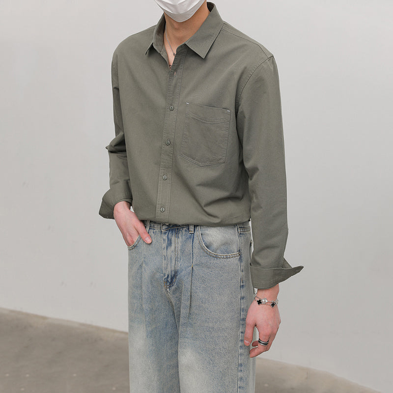 Solid Color Pointed Collar Casual Cotton Shirt