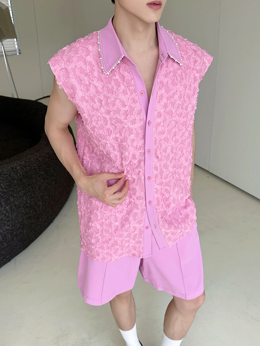 Heavy Beaded 3D Flower Sleeveless Top Loose Shorts Two-piece Set