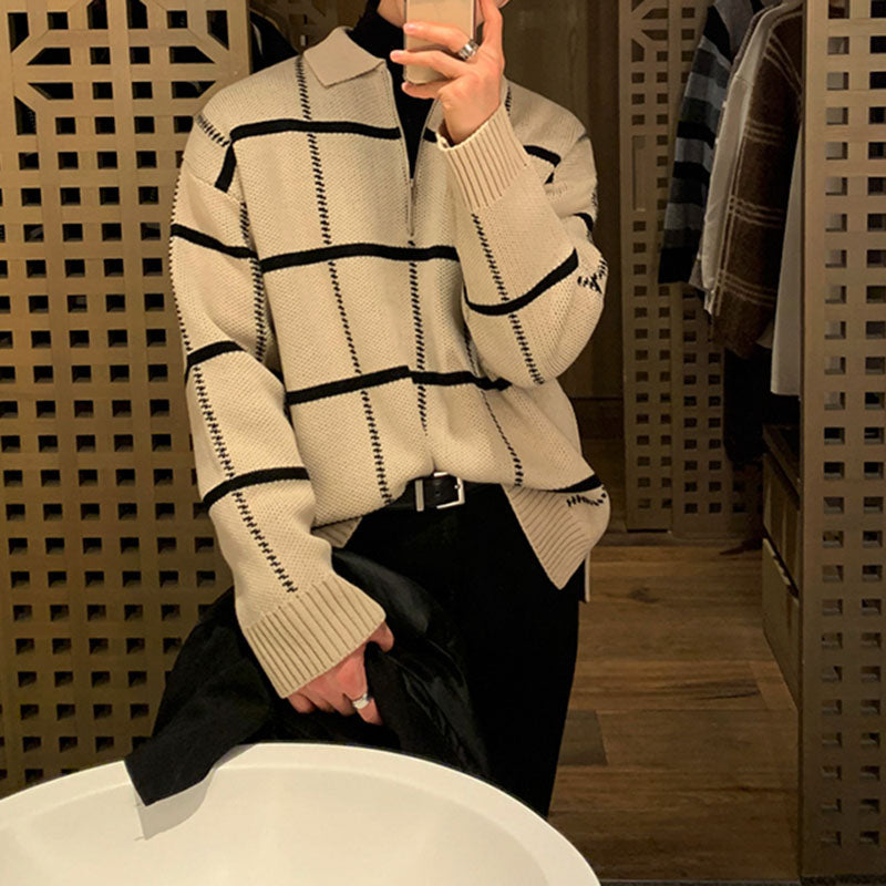 Men's Retro Lapel Plaid Loose Casual Sweater