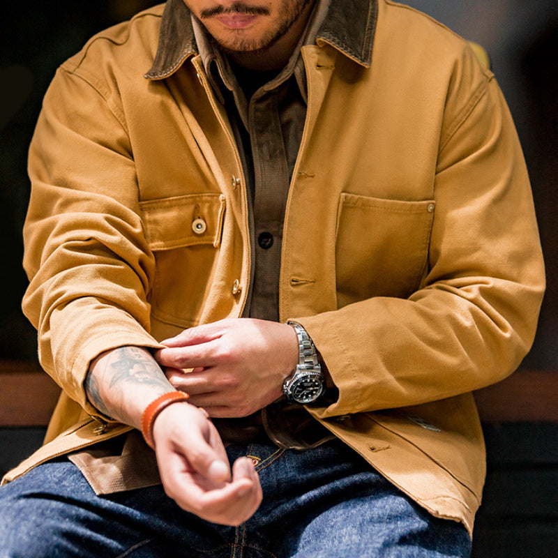 American Retro Canvas Lapel Multi-pocket Work Jacket