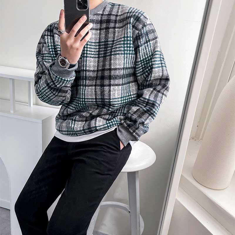Men's Color Block Plaid Loose Round Neck Long Sleeve Retro Sweatshirt