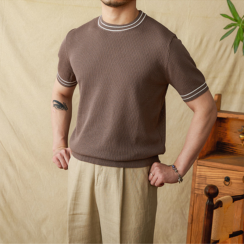 Contrast Color Round Neck Casual Hollow Shirt