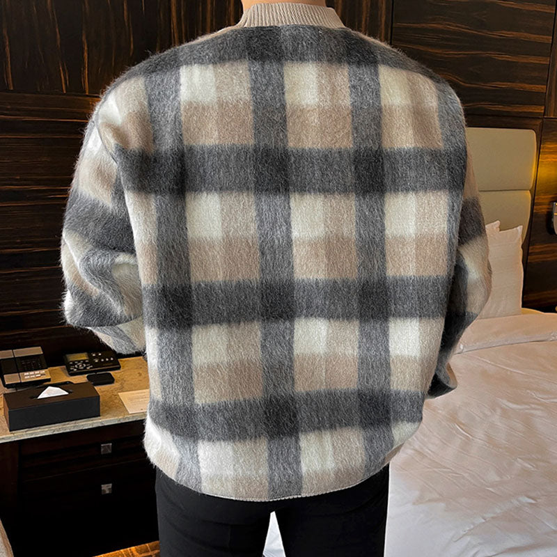 Men's Casual Plaid Color Block Round Neck Loose Sweatshirt