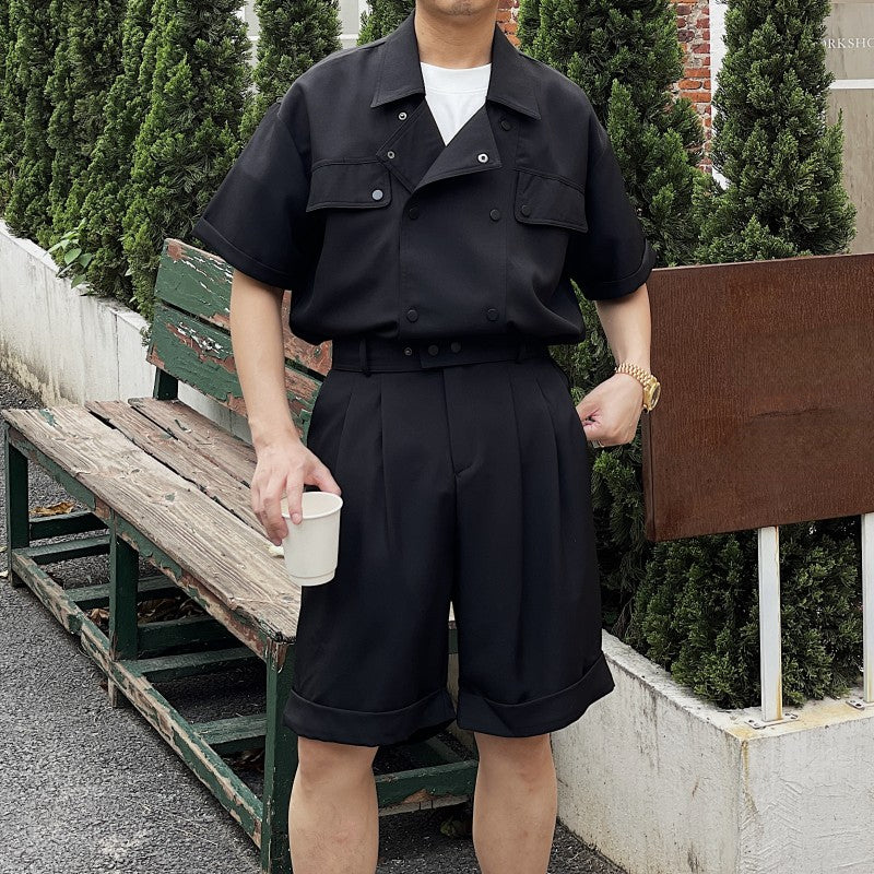 Summer Work Wear Double Breasted Casual Shirt Shorts Suit