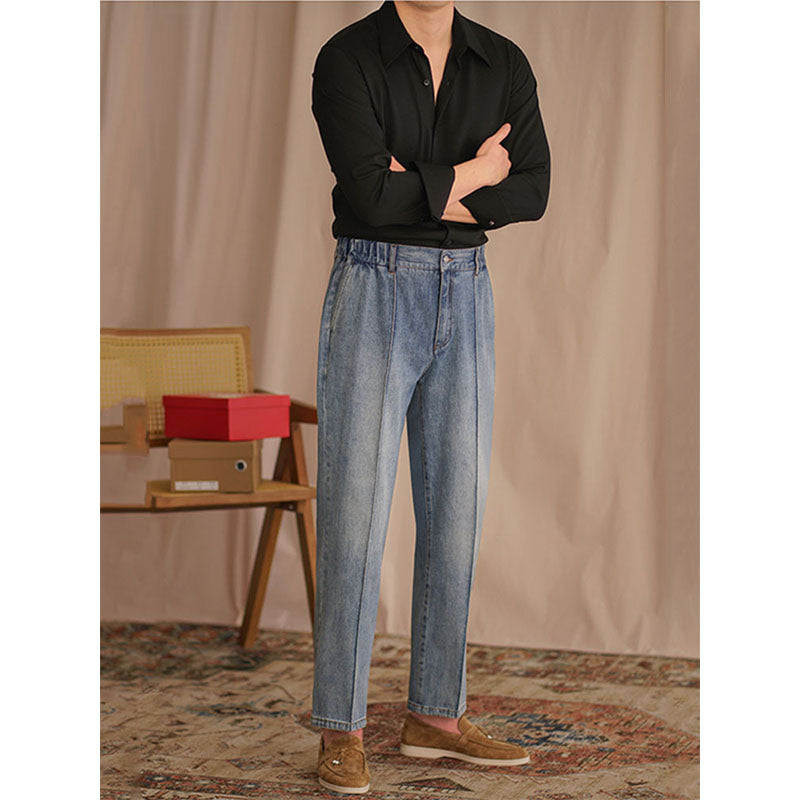 Mens Straight Casual British Business Elastic Waist Jeans
