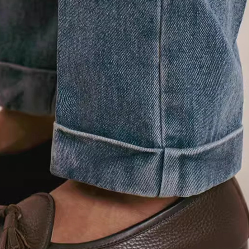 Double Pleat Straight Loose Washed Jeans