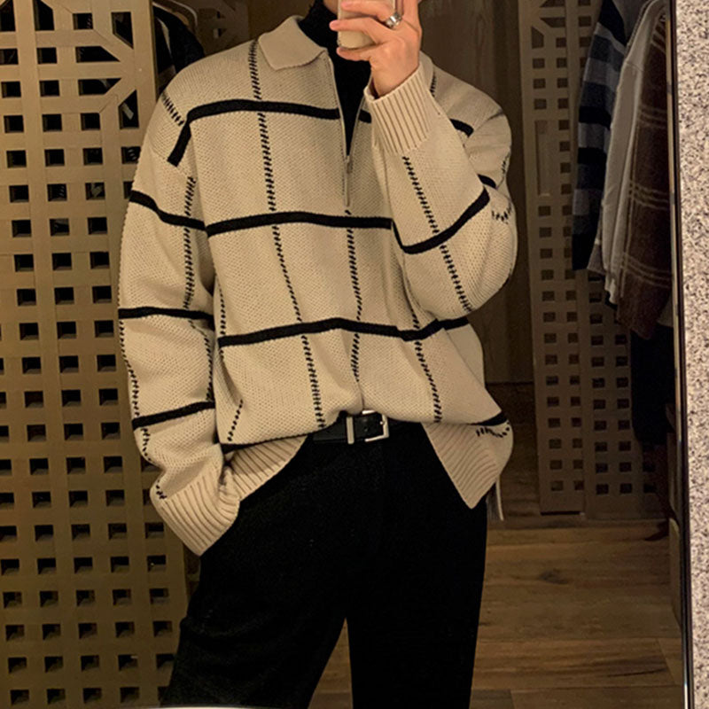 Men's Retro Lapel Plaid Loose Casual Sweater