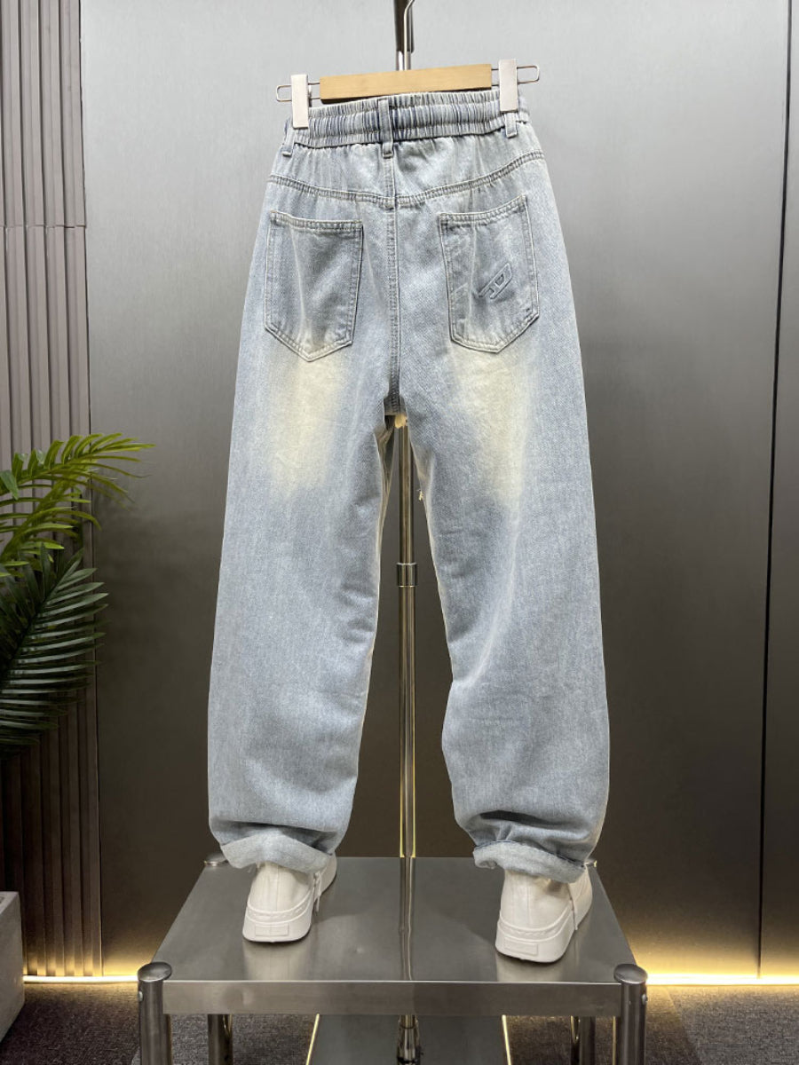 American Drawstring Ripped Denim Harem Wide-leg Pants