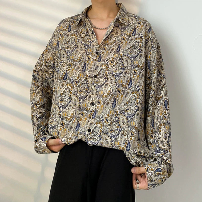Men's Retro Ice Silk Chiffon Satin Cashew Flower Shirt