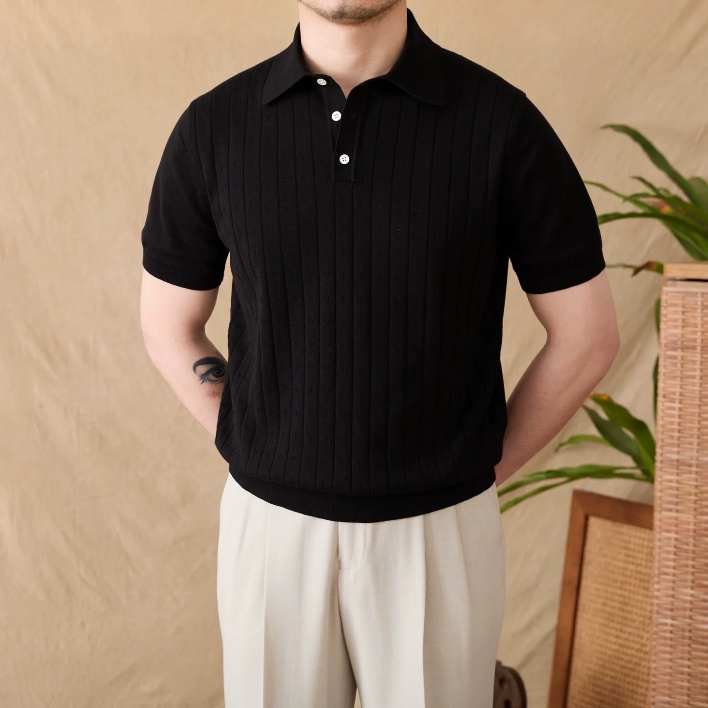 Vintage Lapel Pure Cotton Hollow POLO Shirt