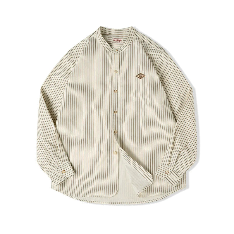 Mens Retro Stand Collar Vertical Pinstripe Long Sleeve Shirt