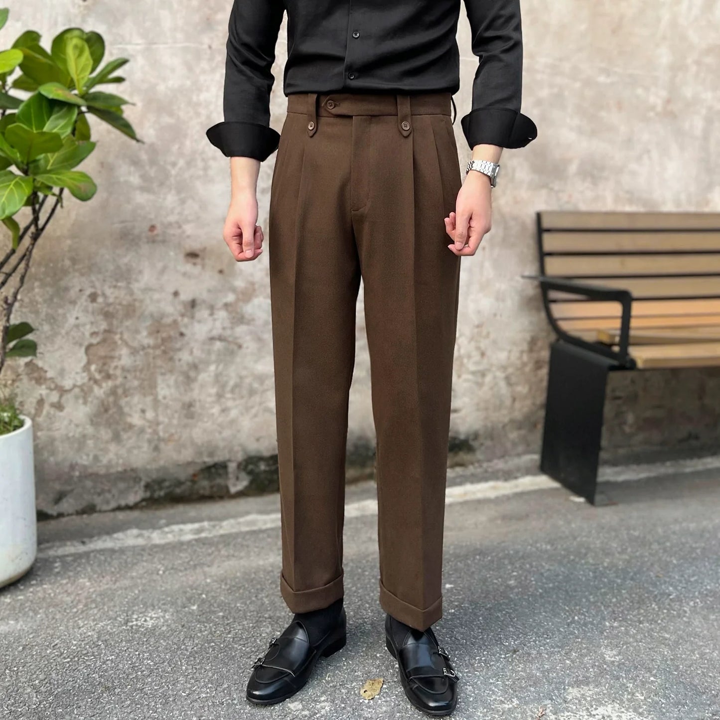 Slim Straight-leg Brushed High-waist Trousers