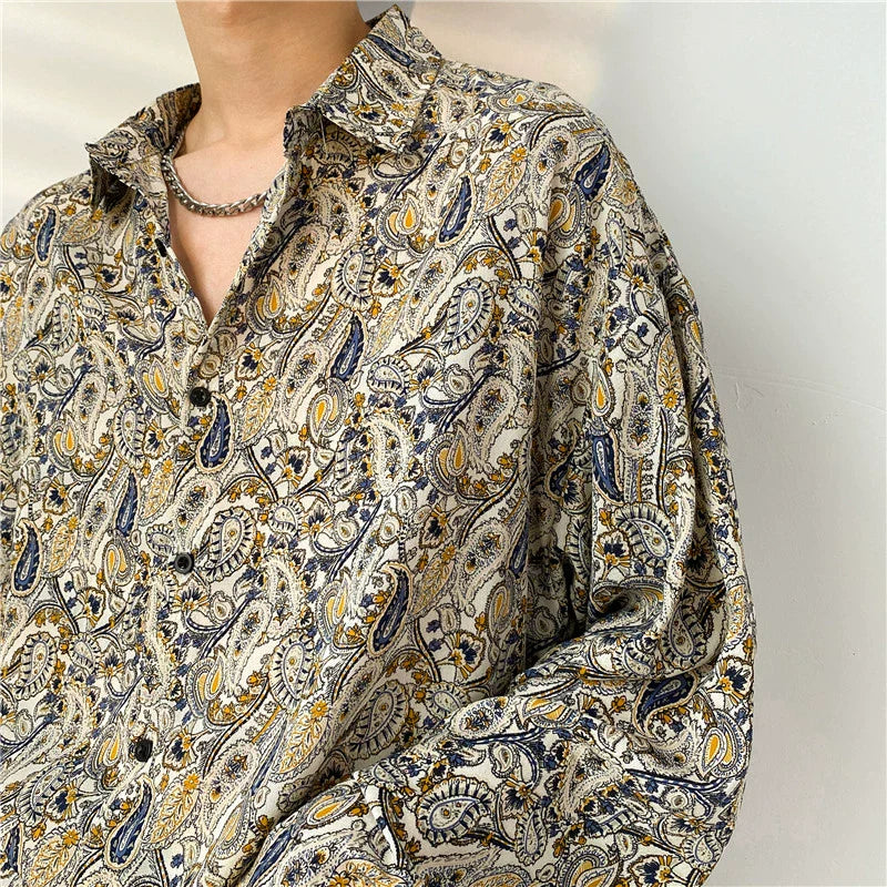 Men's Retro Ice Silk Chiffon Satin Cashew Flower Shirt