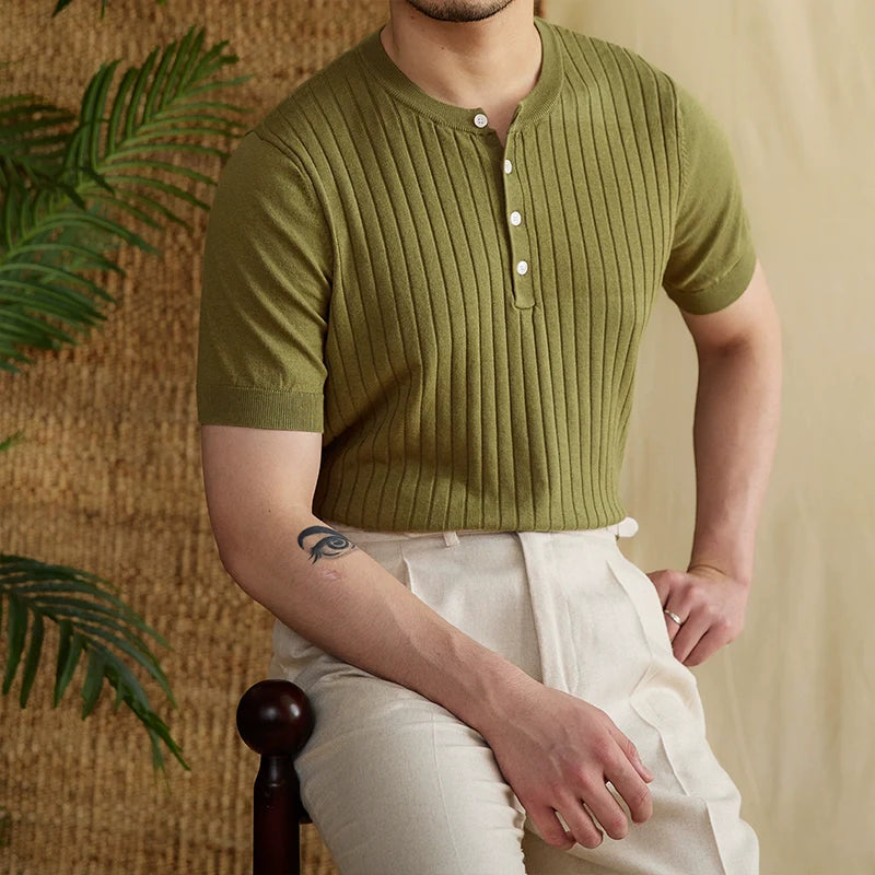 Striped Button Short-Sleeved T-shirt