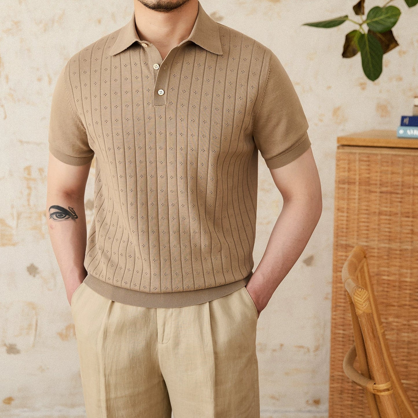 Vintage Lapel Pure Cotton Hollow POLO Shirt