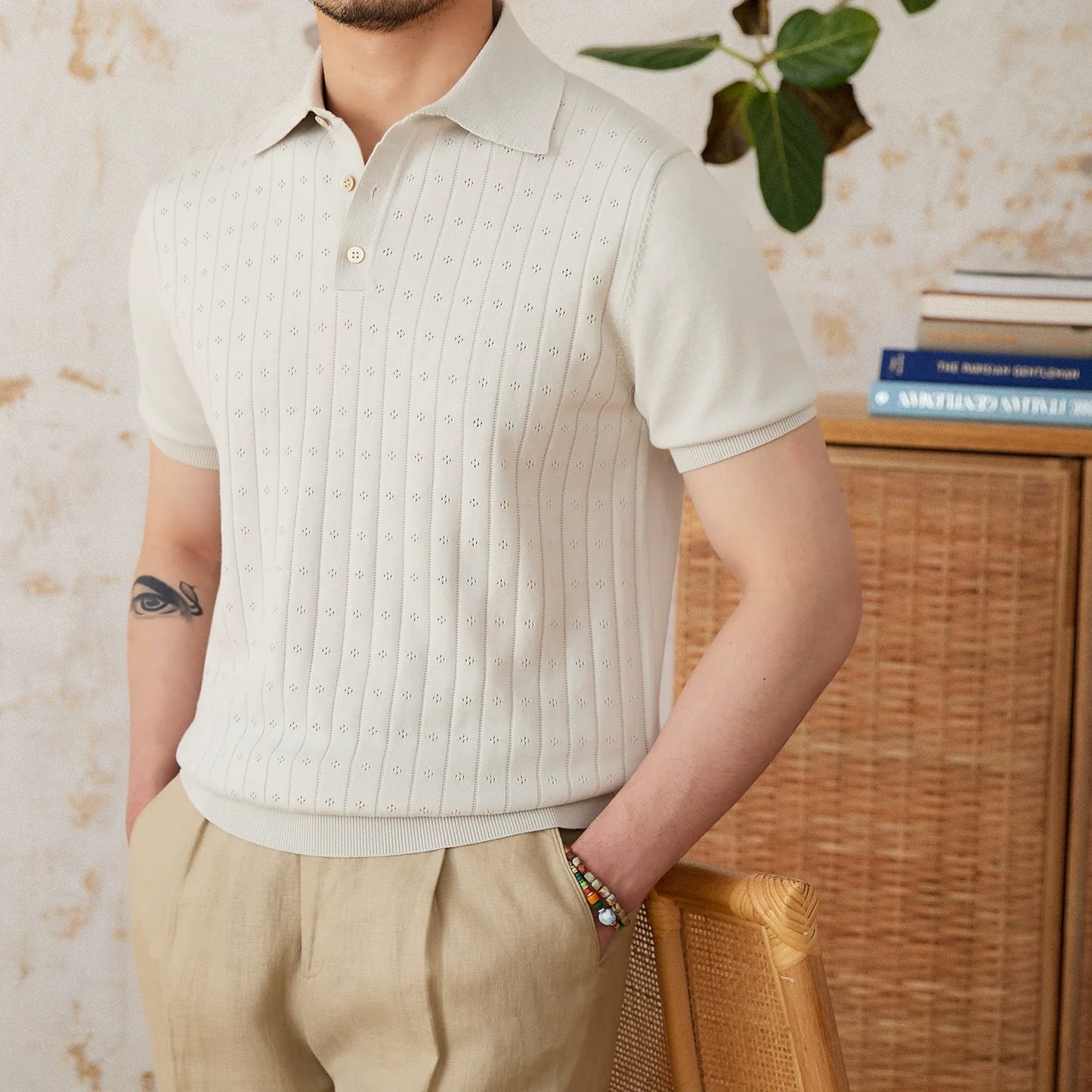 Vintage Lapel Pure Cotton Hollow POLO Shirt