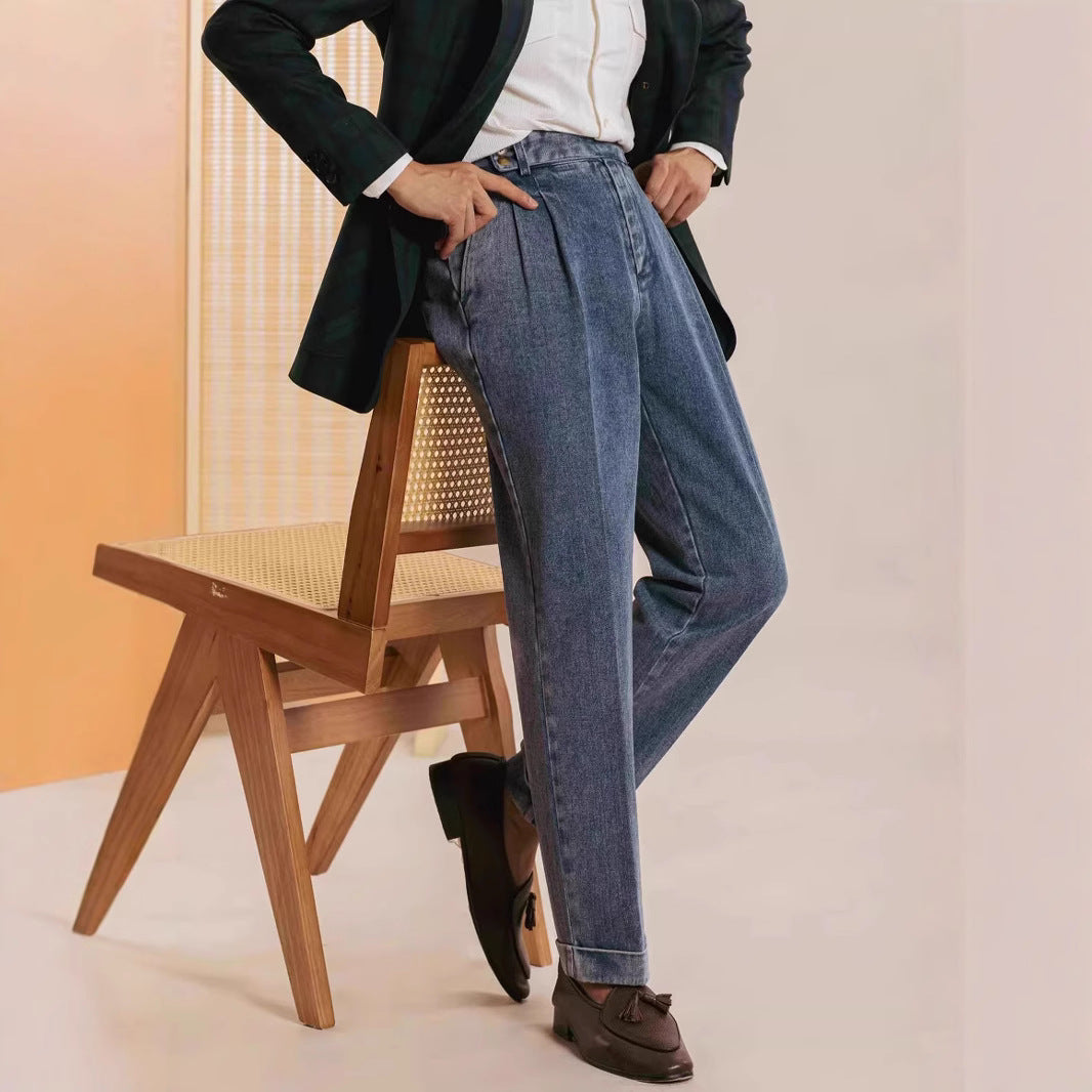 Double Pleat Straight Loose Washed Jeans
