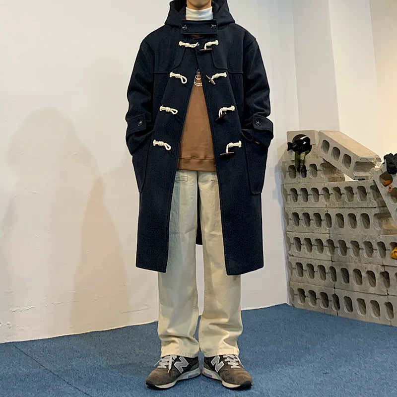 Loose Hooded Horn Button Casual Coat