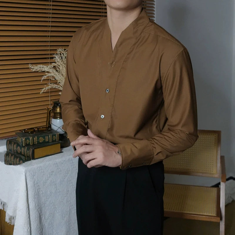 Men's V-neck Slim Fit Long Sleeve Casual Shirt