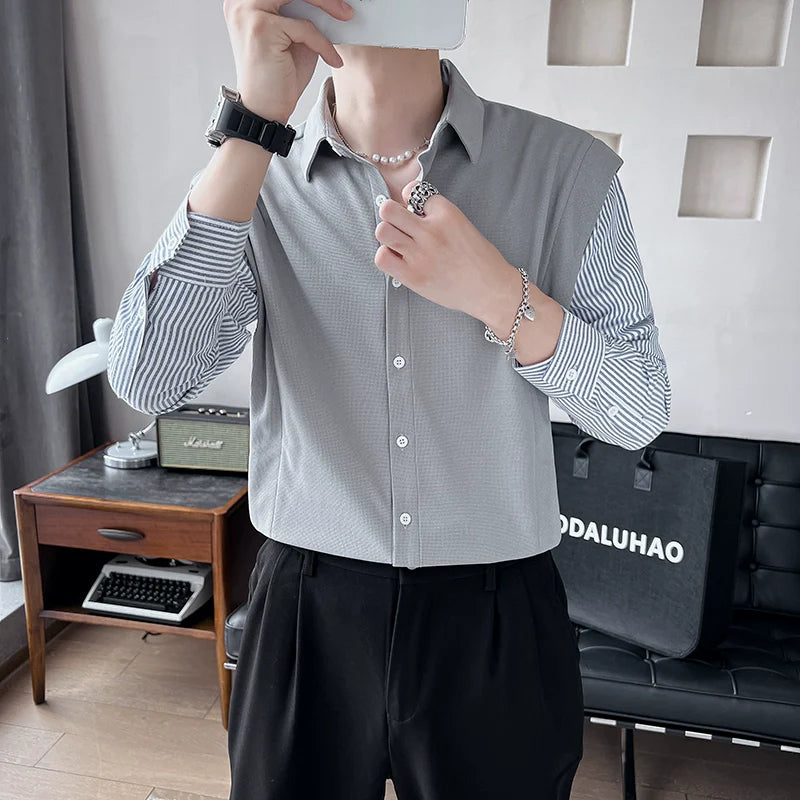 Men's Casual Loose Striped Shirt Sweater Vest Cardigan Jacket