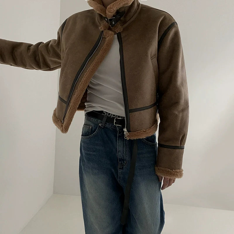 Men's Short Loose-fitting Stand-collar Faux Leather Jacket