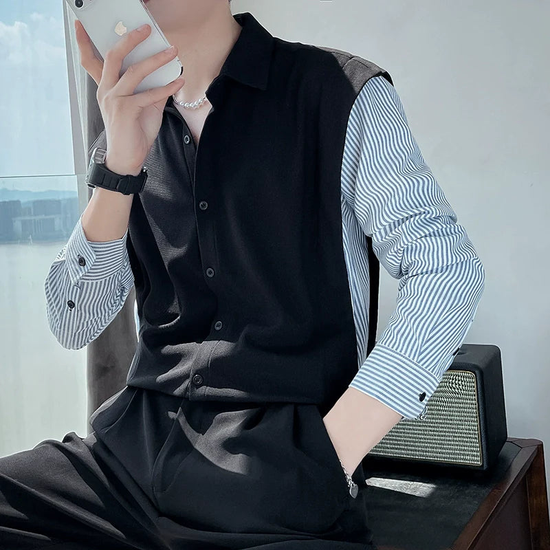 Men's Casual Loose Striped Shirt Sweater Vest Cardigan Jacket