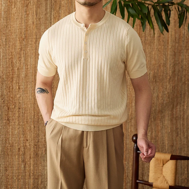 Striped Button Short-Sleeved T-shirt