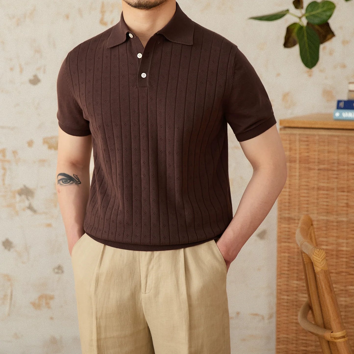 Vintage Lapel Pure Cotton Hollow POLO Shirt
