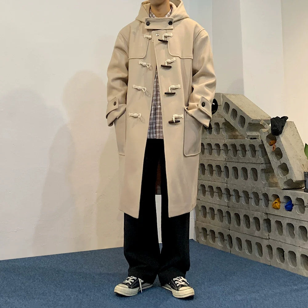 Loose Hooded Horn Button Casual Coat