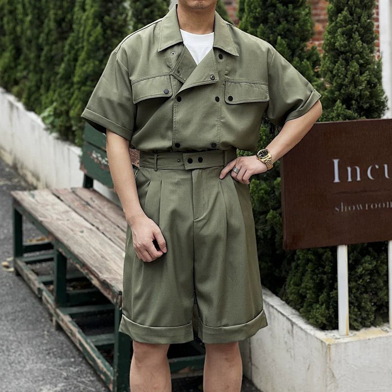 Summer Work Wear Double Breasted Casual Shirt Shorts Suit