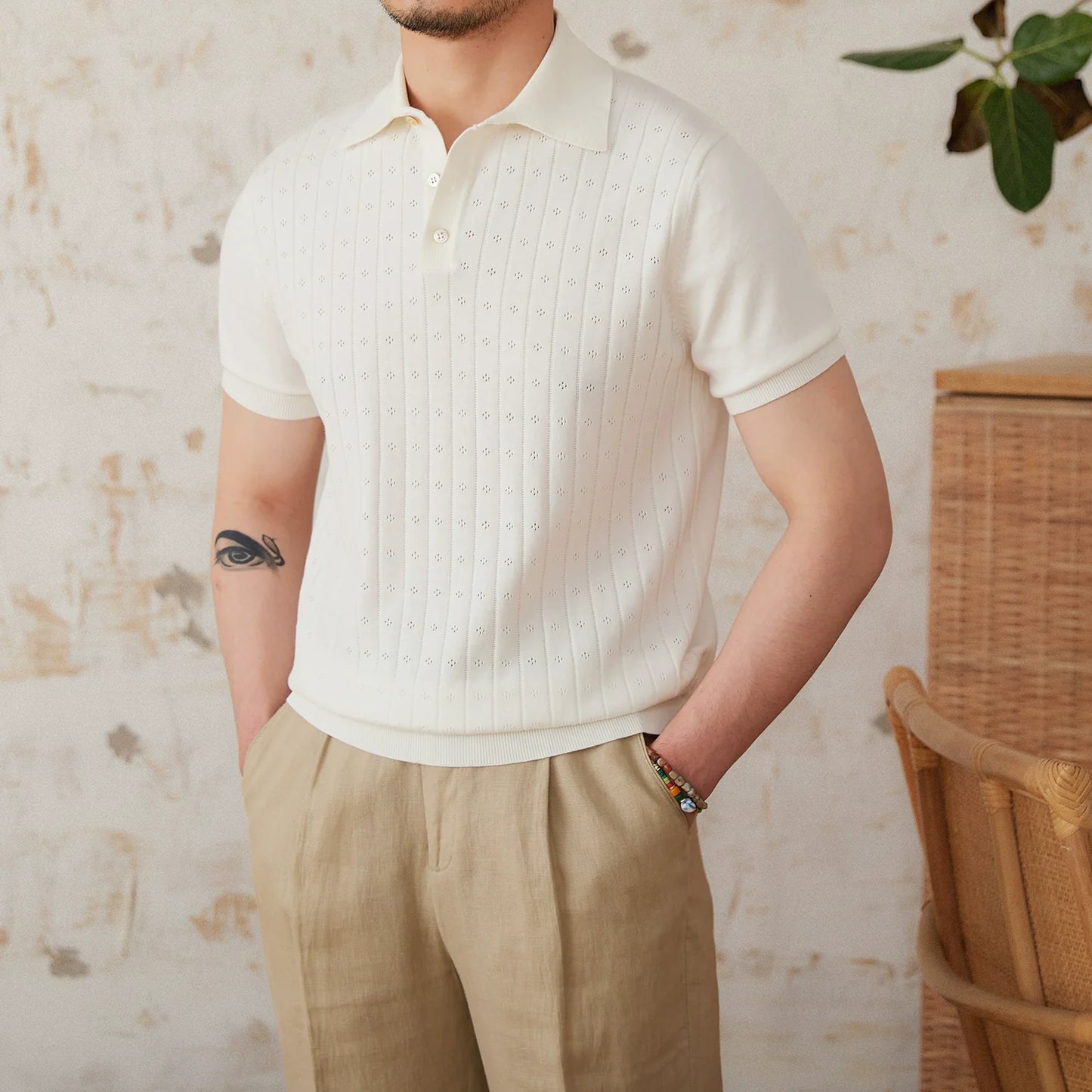 Vintage Lapel Pure Cotton Hollow POLO Shirt