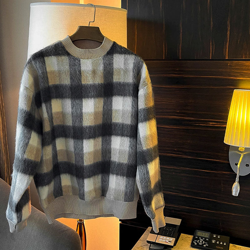 Men's Casual Plaid Color Block Round Neck Loose Sweatshirt
