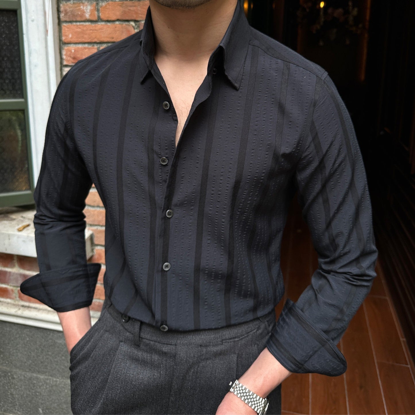 Men's Slim Fit Long Sleeve Peak Collar Business Shirt