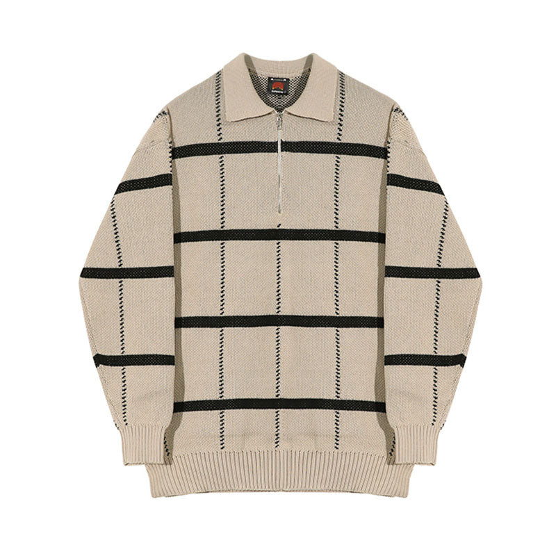 Men's Retro Lapel Plaid Loose Casual Sweater