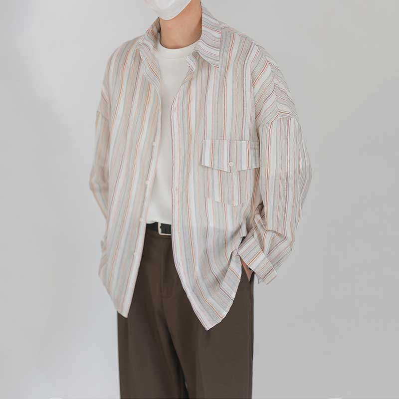 Men's Loose Striped Casual Long Sleeve Shirt