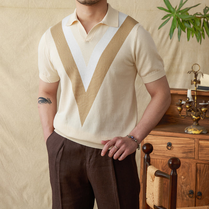 V-neck Casual Color-Block Knitted Shirt