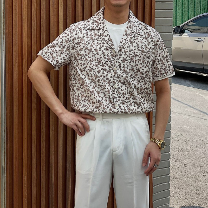 Mens Summer Cuban Collar Retro Short-sleeved Floral Shirt