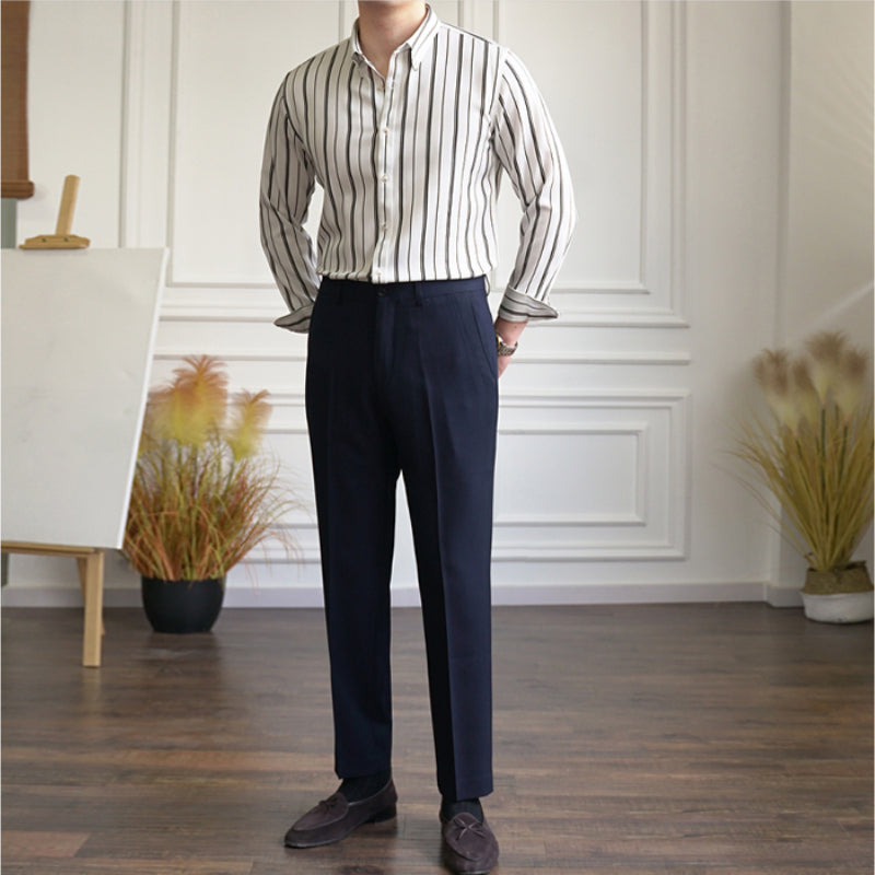 Men's Casual Business Slim Vertical Striped Long Sleeved Shirt